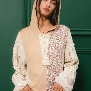 BiBi Slub Jersey with Lace Combo Buttoned Hoodie Top